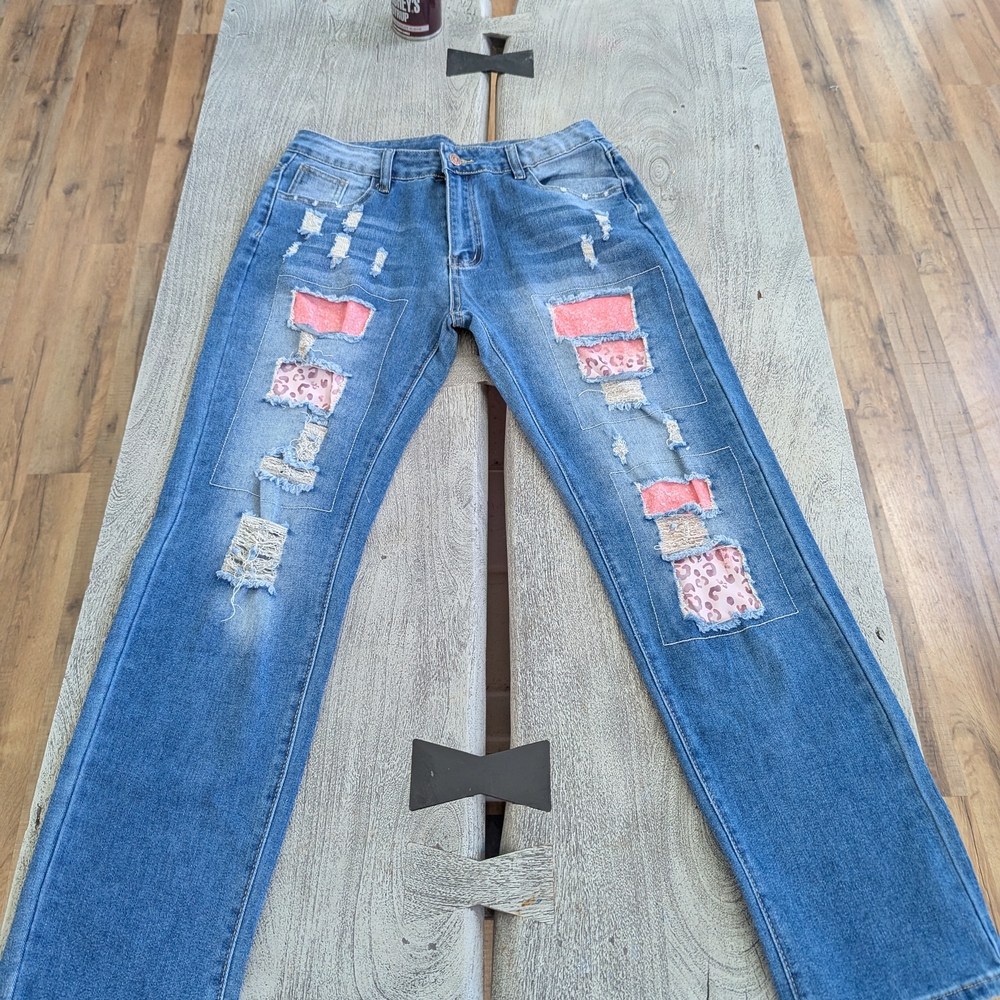 Women’s Blue Distressed Patchwork Jeans with Pink Accents Size M